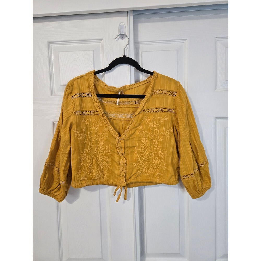 Free People Mustard Yellow Embroidered Lace Trim Cropped Peasant Blouse Small